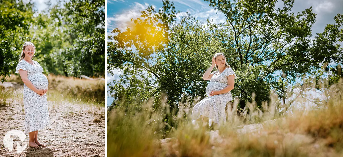 Zwangere vrouw poseert in de natuur op een zonnige dag.