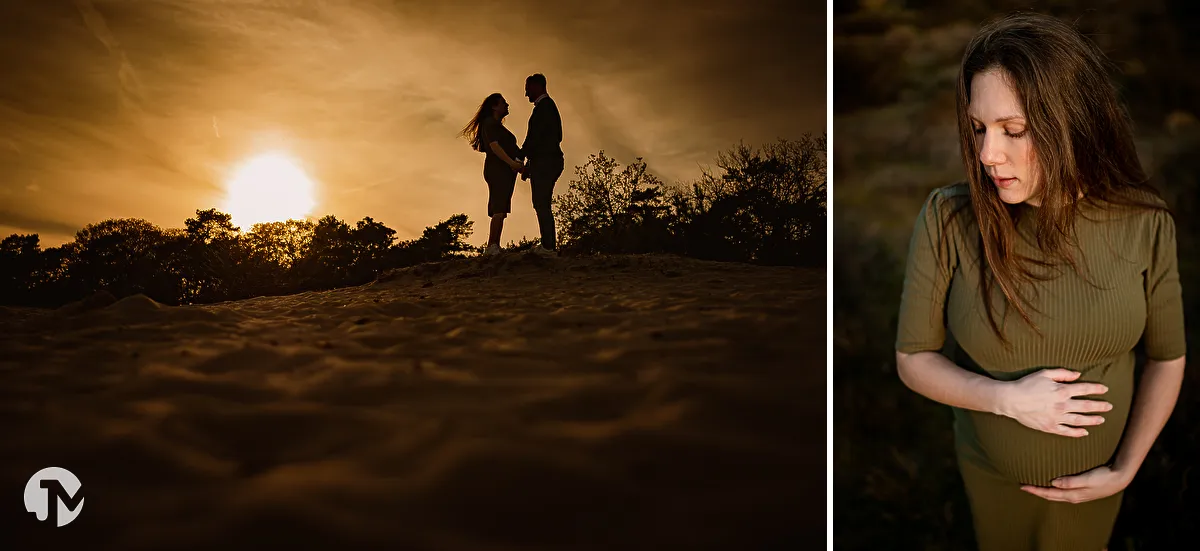 Zwangere vrouw met partner poseren tijdens een liefdevolle fotoshoot in de natuur.
