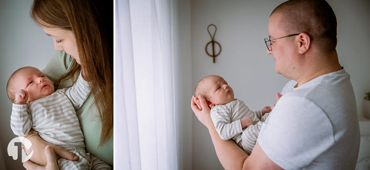 Vader en moeder ieder een keer alleen met hun pas geboren baby op de foto.