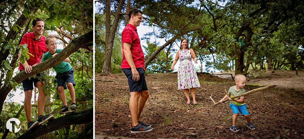 Samen spelen tijdens een fotoshoot met een jong gezin in de Loonse duinen.
