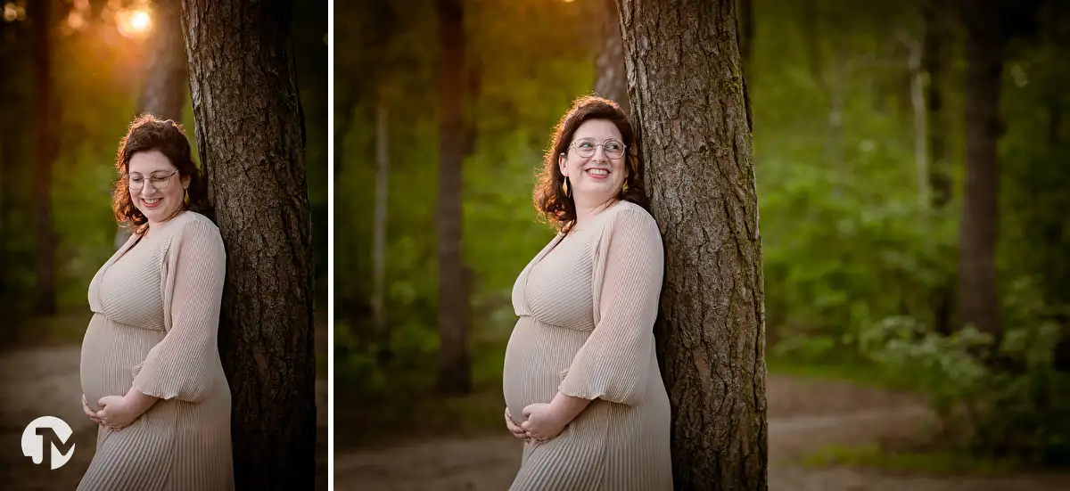 Zwangere vrouw poseert tijdens een fotoshoot in de natuur