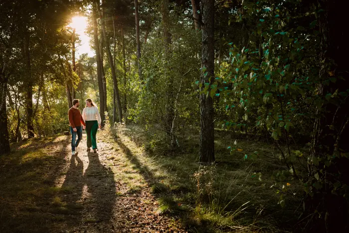 Loveshoot in Brabant in de de bossen met warme avond zon.