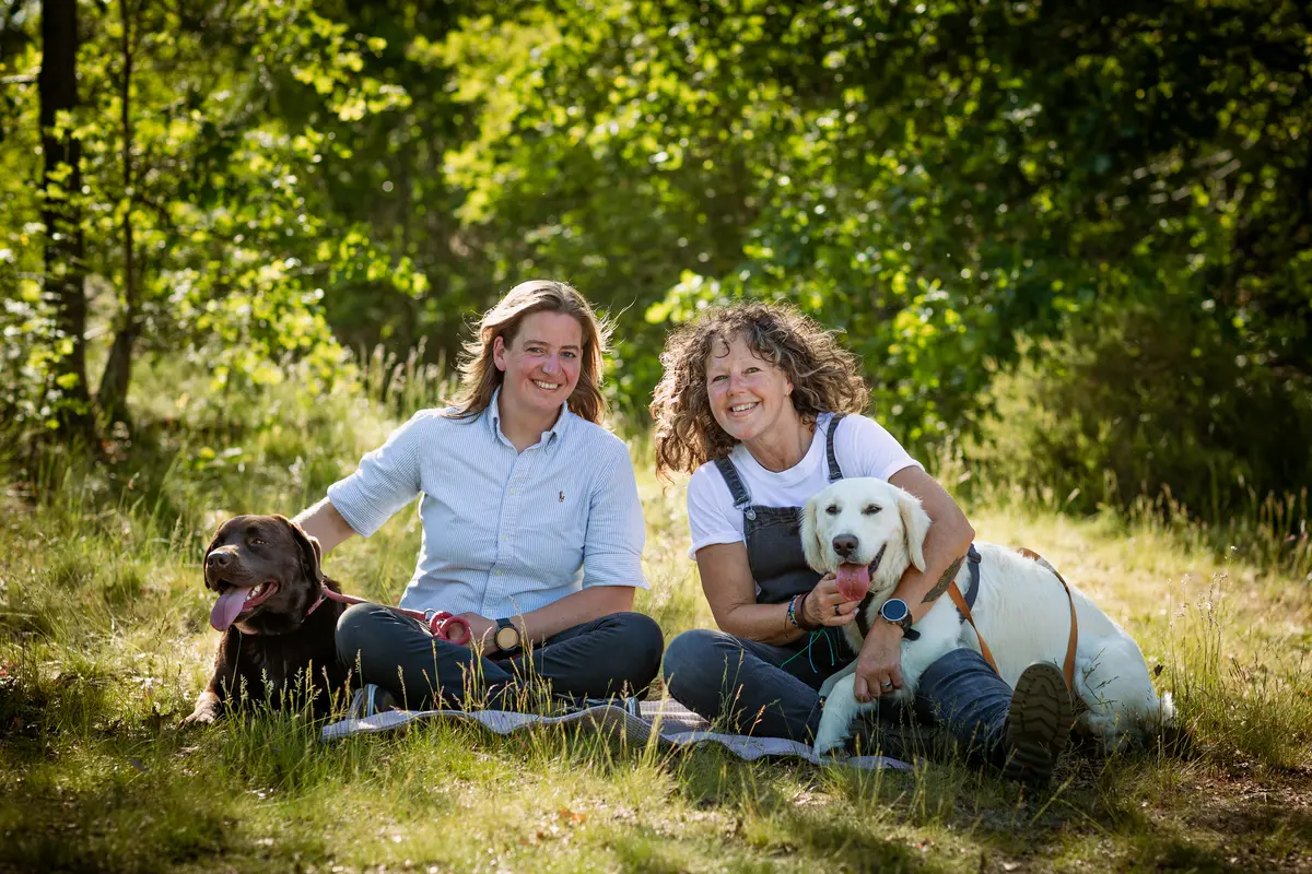 Fotoshoot met twee honden en hun baasjes in de Drunense duinen in het golden hour.